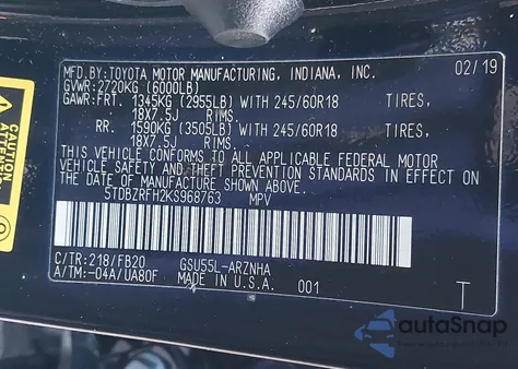 2019 Toyota Highlander Le from USA, damaged, VIN 5TDBZRFH2KS968763